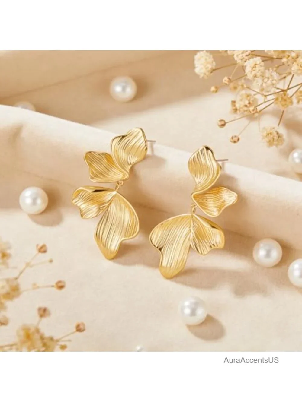 18K Gold Plated Textured Leaf Drop Earrings Statement Dangle Floral Petal
